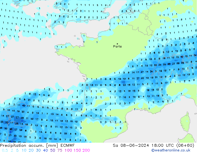 Totale neerslag ECMWF za 08.06.2024 18 UTC