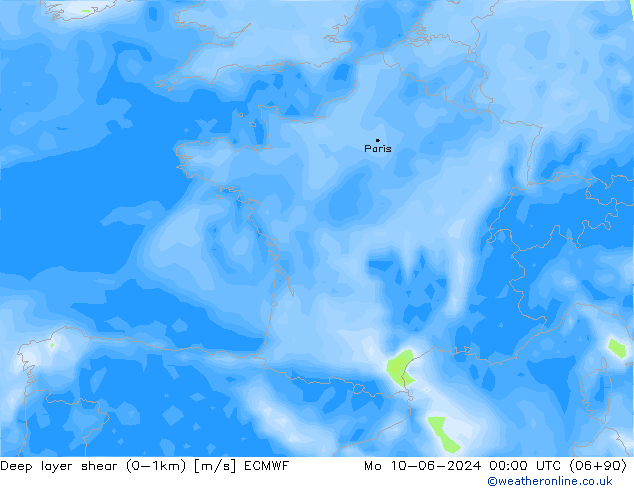 Deep layer shear (0-1km) ECMWF Po 10.06.2024 00 UTC