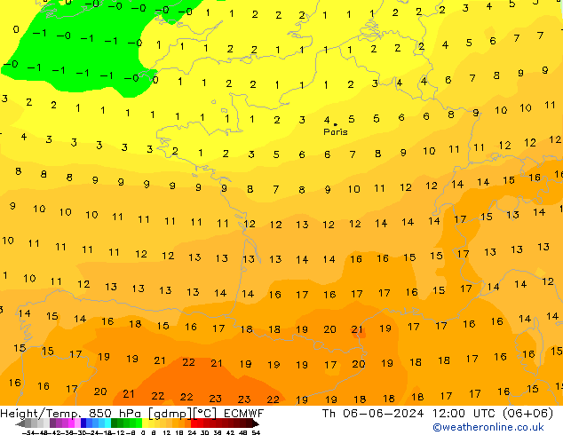 Geop./Temp. 850 hPa ECMWF jue 06.06.2024 12 UTC