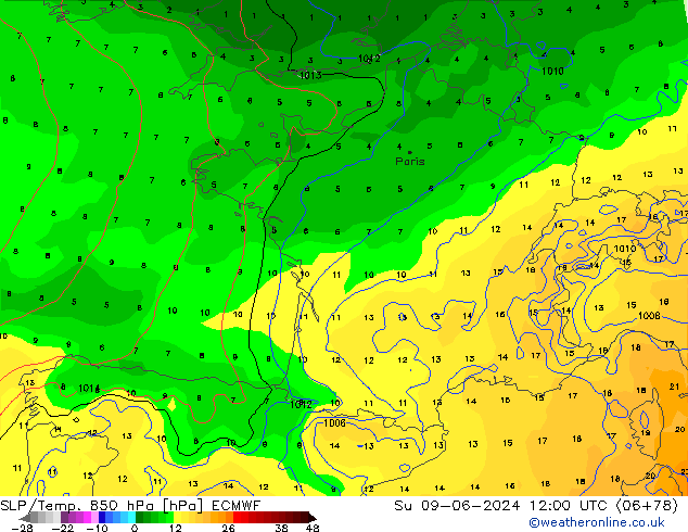 SLP/Temp. 850 hPa ECMWF Su 09.06.2024 12 UTC