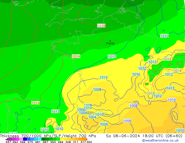 Thck 700-1000 гПа ECMWF сб 08.06.2024 18 UTC