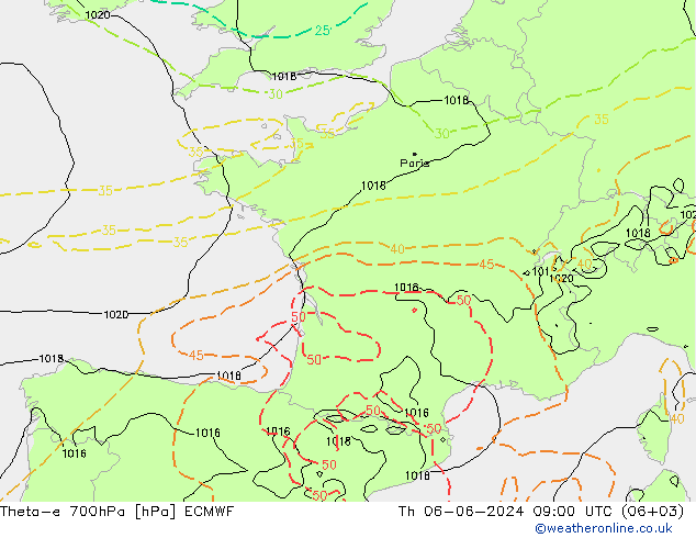 Theta-e 700hPa ECMWF jue 06.06.2024 09 UTC