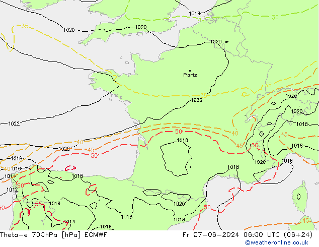 Theta-e 700hPa ECMWF Fr 07.06.2024 06 UTC