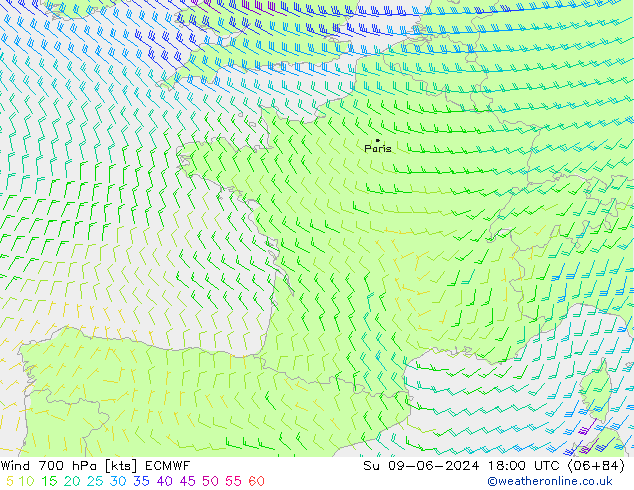 Wind 700 hPa ECMWF Su 09.06.2024 18 UTC