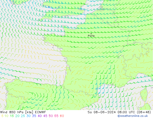 Wind 850 hPa ECMWF Sa 08.06.2024 06 UTC