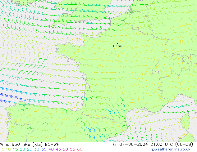 Wind 950 hPa ECMWF Pá 07.06.2024 21 UTC