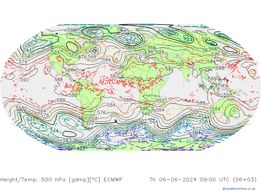 Height/Temp. 500 hPa ECMWF Čt 06.06.2024 09 UTC