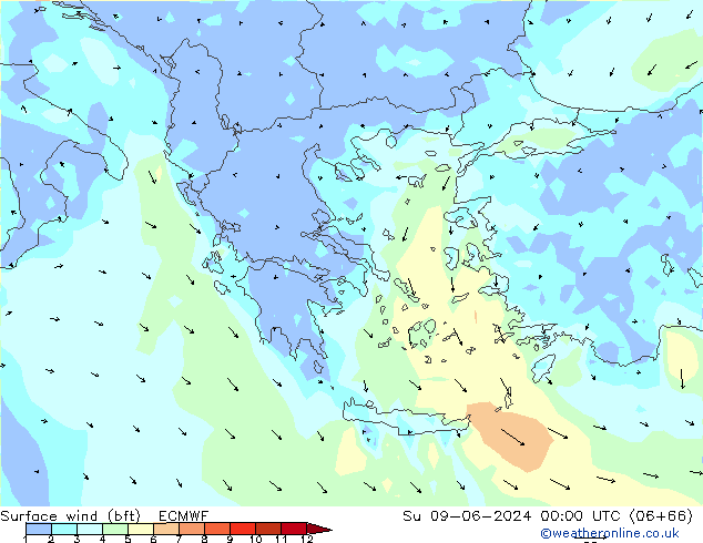 Surface wind (bft) ECMWF Ne 09.06.2024 00 UTC