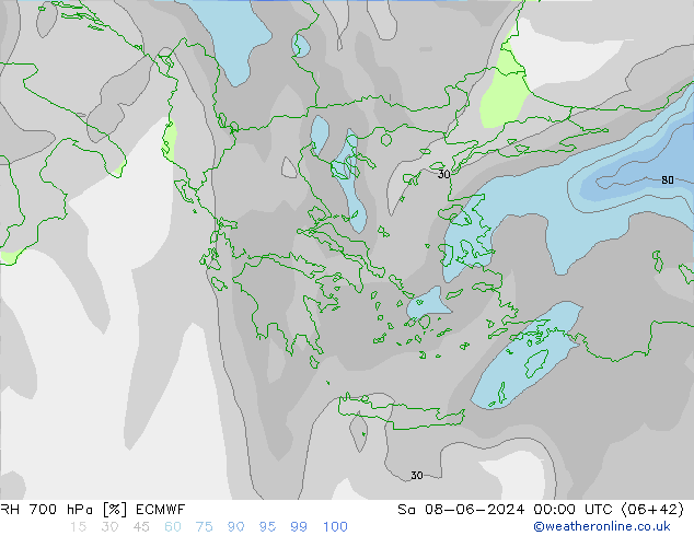 RH 700 hPa ECMWF so. 08.06.2024 00 UTC