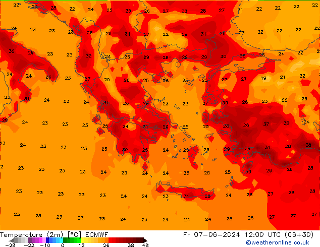 Temperatura (2m) ECMWF ven 07.06.2024 12 UTC