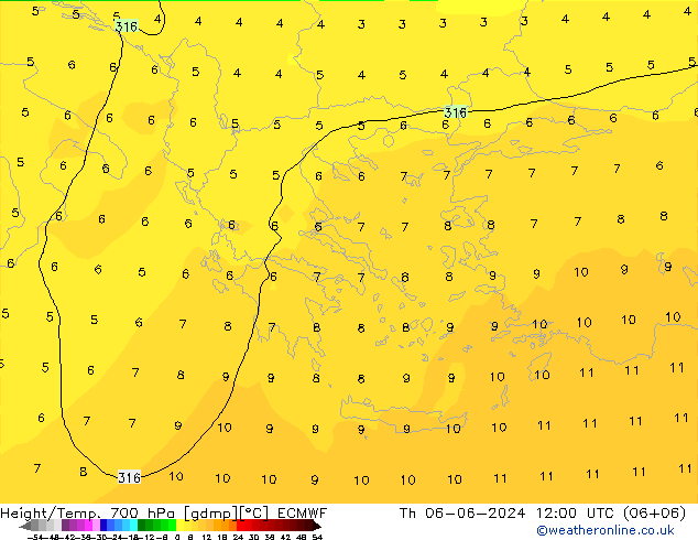 Géop./Temp. 700 hPa ECMWF jeu 06.06.2024 12 UTC