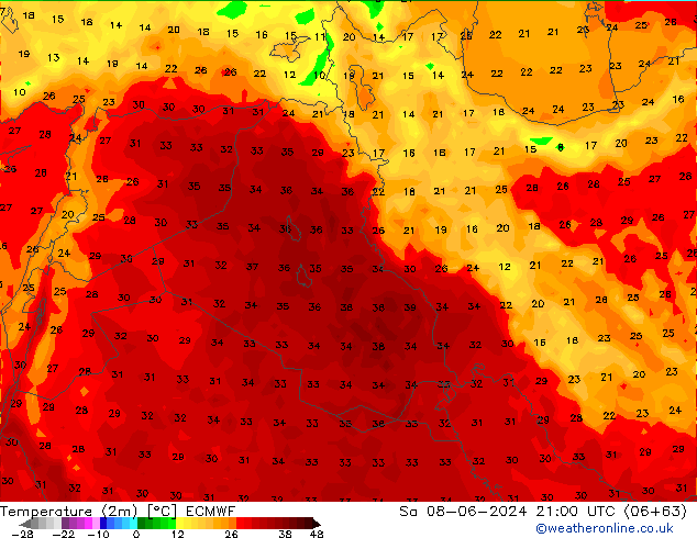 mapa temperatury (2m) ECMWF so. 08.06.2024 21 UTC