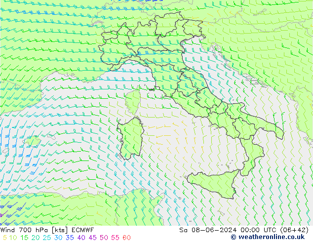 Wind 700 hPa ECMWF Sa 08.06.2024 00 UTC