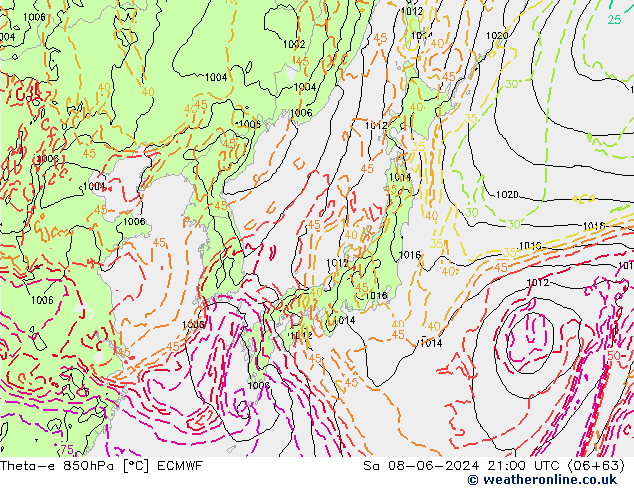 Theta-e 850hPa ECMWF sab 08.06.2024 21 UTC