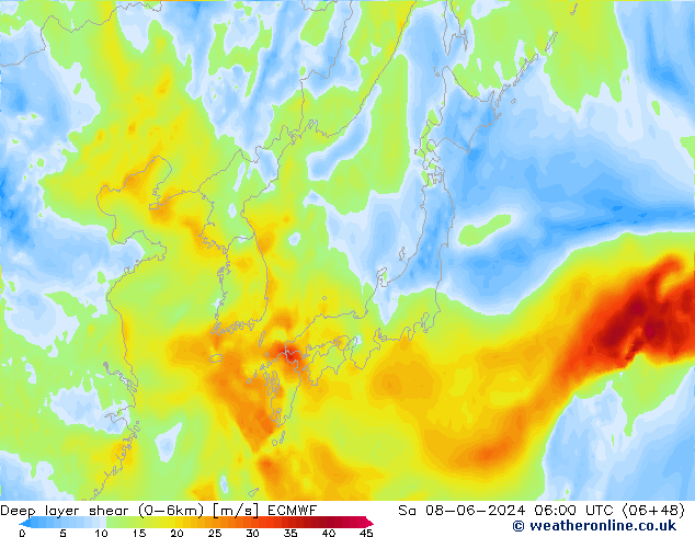 Deep layer shear (0-6km) ECMWF сб 08.06.2024 06 UTC