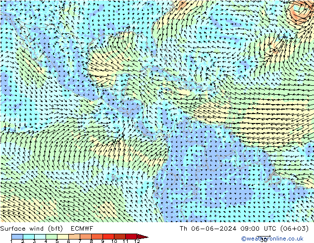 Vent 10 m (bft) ECMWF jeu 06.06.2024 09 UTC