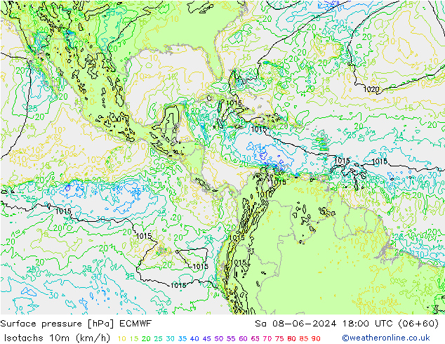 Isotachs (kph) ECMWF Sa 08.06.2024 18 UTC