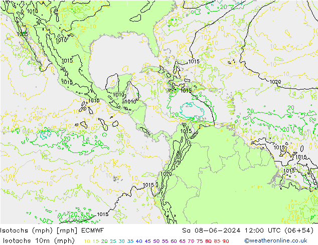 Isotachs (mph) ECMWF сб 08.06.2024 12 UTC