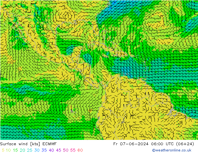 wiatr 10 m ECMWF pt. 07.06.2024 06 UTC