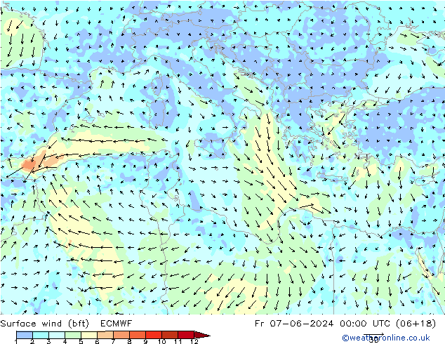 Vento 10 m (bft) ECMWF Sex 07.06.2024 00 UTC