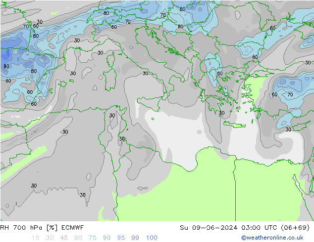 RH 700 hPa ECMWF nie. 09.06.2024 03 UTC