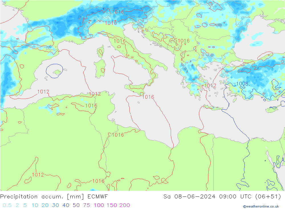 Precipitation accum. ECMWF Sáb 08.06.2024 09 UTC