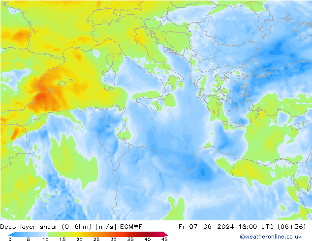 Deep layer shear (0-6km) ECMWF ven 07.06.2024 18 UTC