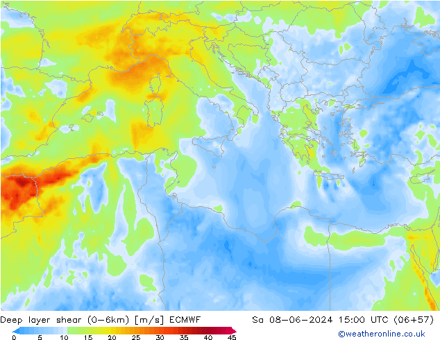 Deep layer shear (0-6km) ECMWF so. 08.06.2024 15 UTC