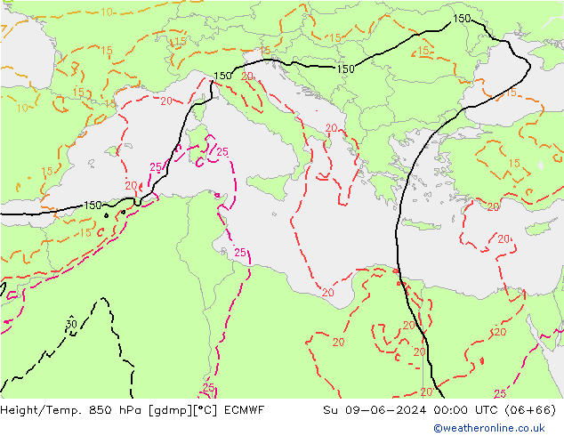 Z500/Yağmur (+YB)/Z850 ECMWF Paz 09.06.2024 00 UTC