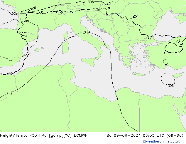 Geop./Temp. 700 hPa ECMWF dom 09.06.2024 00 UTC