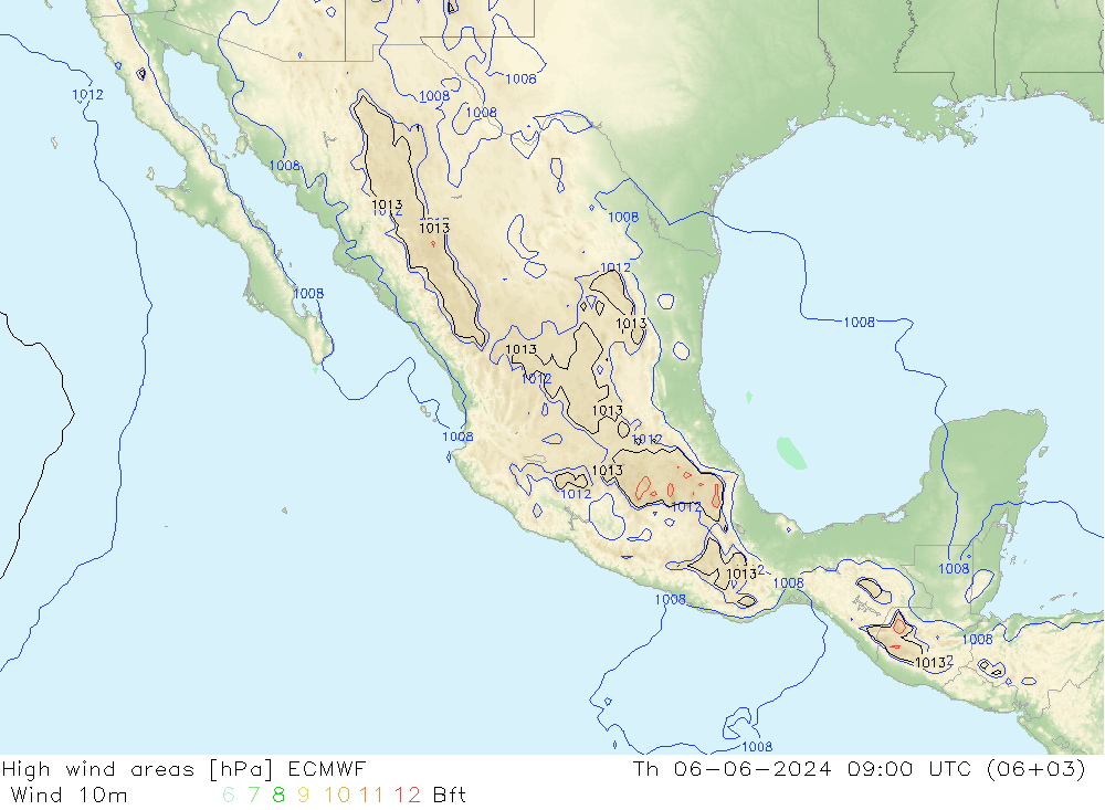 High wind areas ECMWF jue 06.06.2024 09 UTC