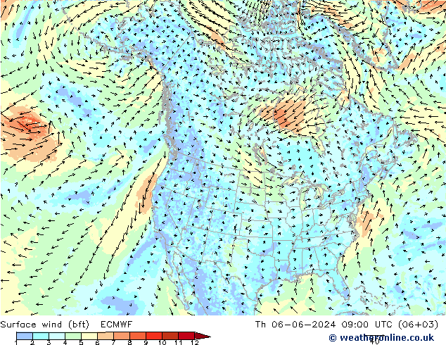 Bodenwind (bft) ECMWF Do 06.06.2024 09 UTC