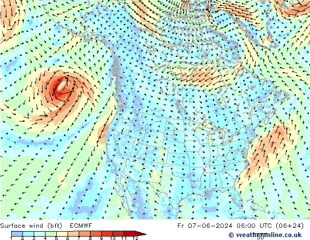 Surface wind (bft) ECMWF Fr 07.06.2024 06 UTC