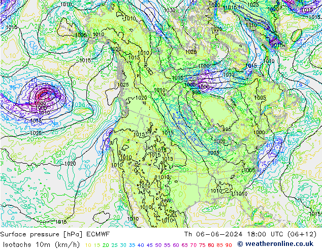 Isotachs (kph) ECMWF Th 06.06.2024 18 UTC