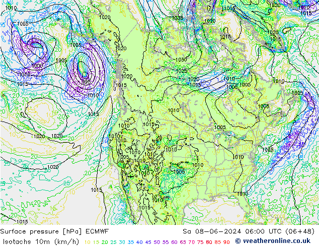 Isotachs (kph) ECMWF Sáb 08.06.2024 06 UTC