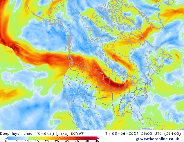 Deep layer shear (0-6km) ECMWF czw. 06.06.2024 06 UTC