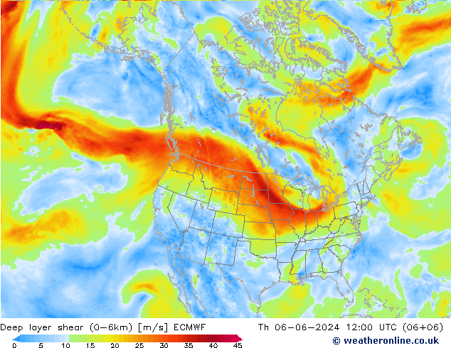 Deep layer shear (0-6km) ECMWF Th 06.06.2024 12 UTC