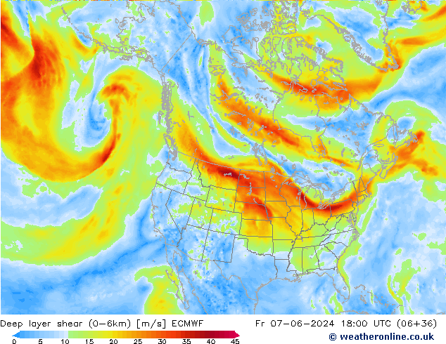 Deep layer shear (0-6km) ECMWF Fr 07.06.2024 18 UTC