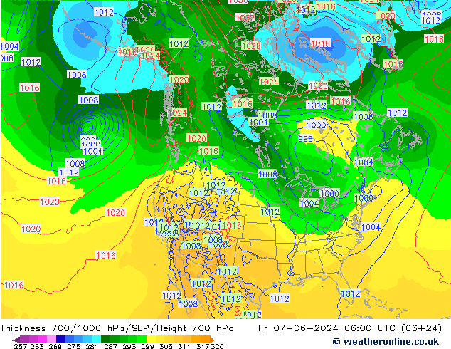 Thck 700-1000 гПа ECMWF пт 07.06.2024 06 UTC