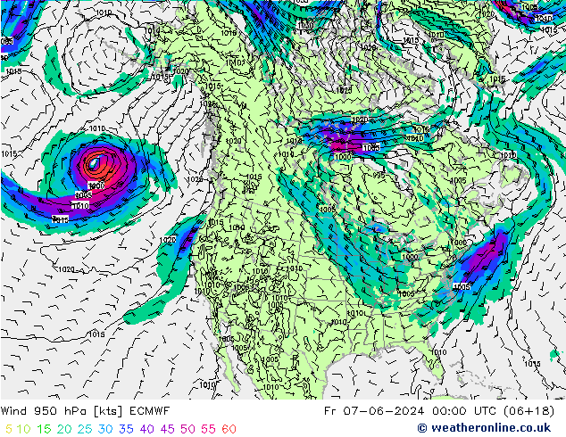 Rüzgar 950 hPa ECMWF Cu 07.06.2024 00 UTC