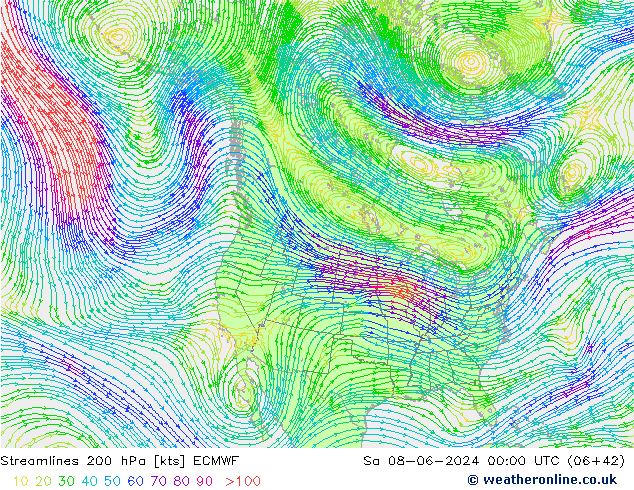 Streamlines 200 hPa ECMWF Sa 08.06.2024 00 UTC