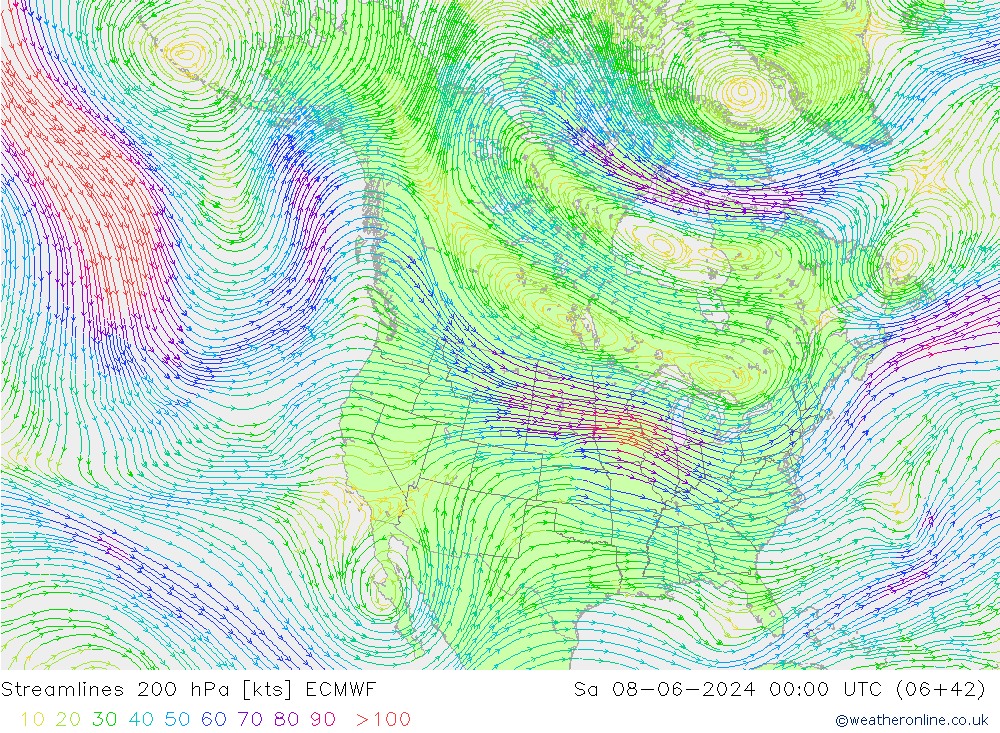 Streamlines 200 hPa ECMWF Sa 08.06.2024 00 UTC