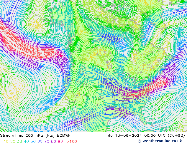 Linia prądu 200 hPa ECMWF pon. 10.06.2024 00 UTC