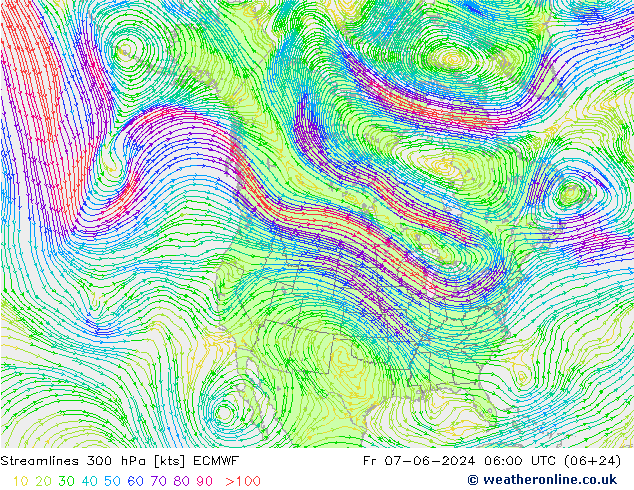 Streamlines 300 hPa ECMWF Fr 07.06.2024 06 UTC