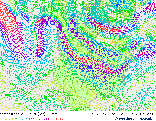 Streamlines 300 hPa ECMWF Fr 07.06.2024 18 UTC