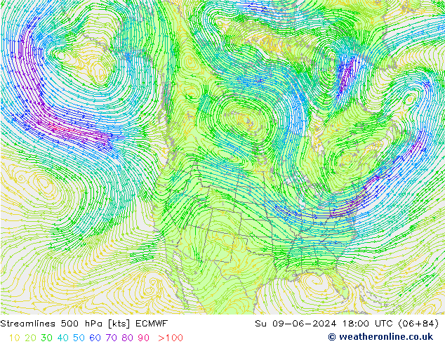 Streamlines 500 hPa ECMWF Su 09.06.2024 18 UTC