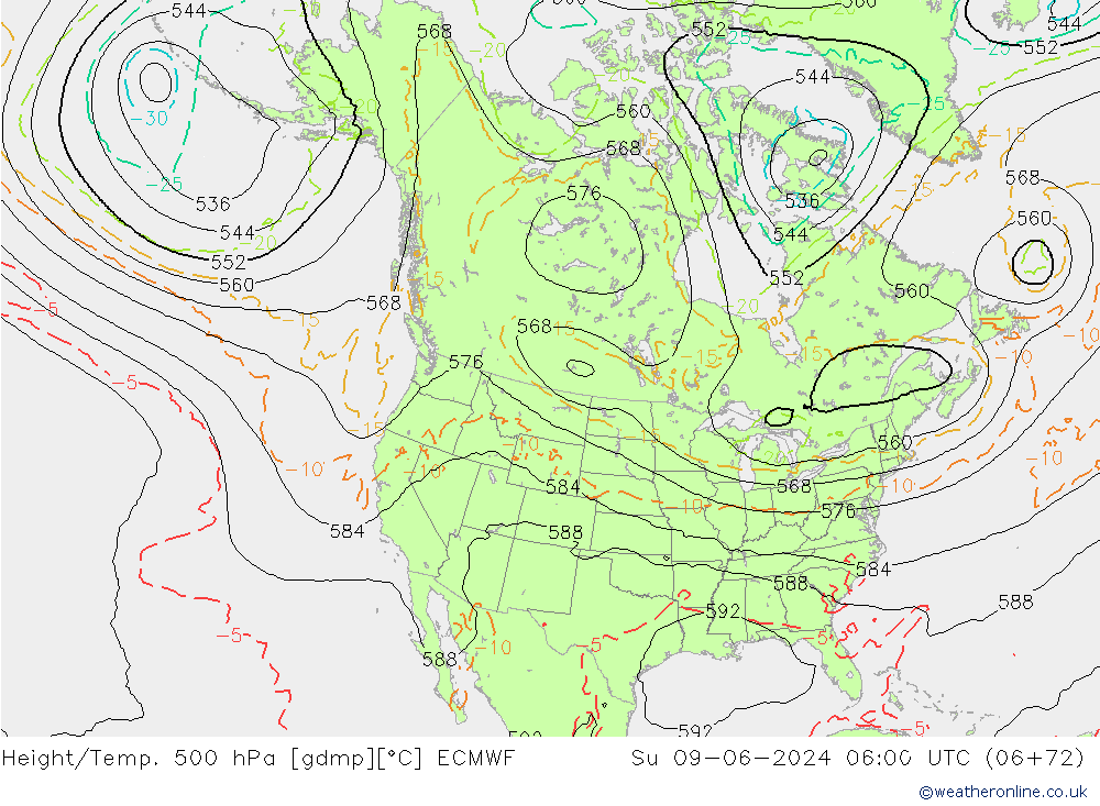 Height/Temp. 500 гПа ECMWF Вс 09.06.2024 06 UTC