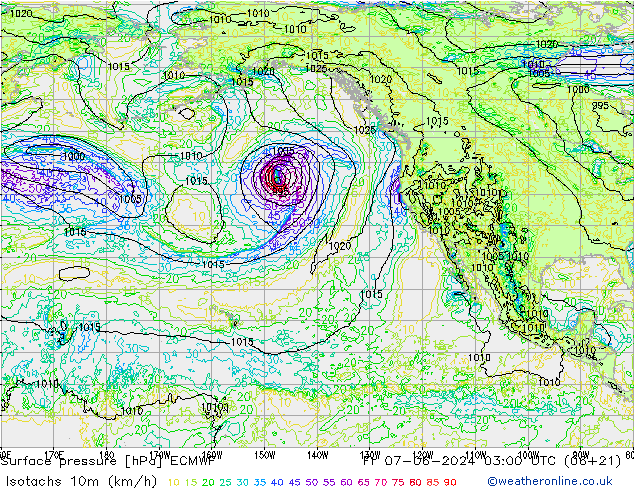 Isotachs (kph) ECMWF Pá 07.06.2024 03 UTC