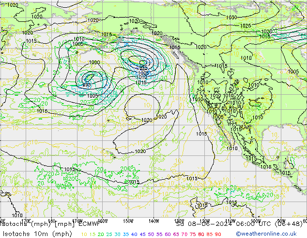 Isotachs (mph) ECMWF Sa 08.06.2024 06 UTC