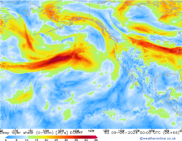 Deep layer shear (0-6km) ECMWF dim 09.06.2024 00 UTC